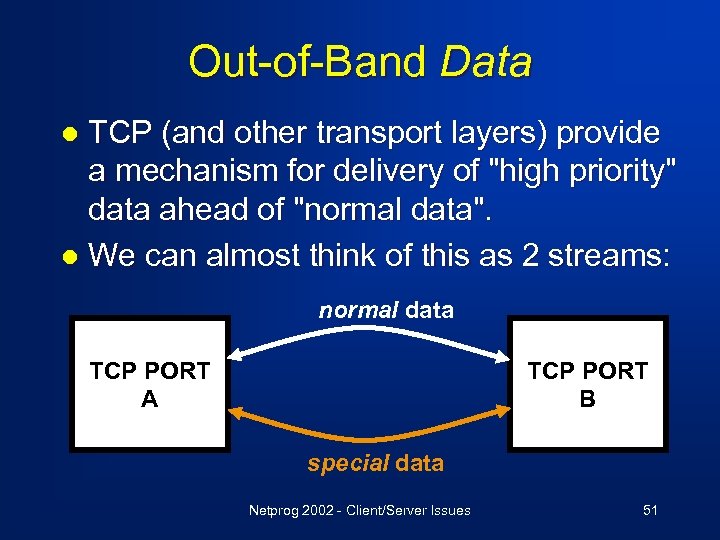 Out-of-Band Data TCP (and other transport layers) provide a mechanism for delivery of "high