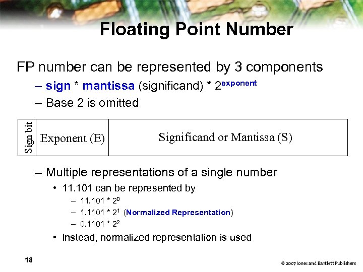 Floating Point Number FP number can be represented by 3 components Sign bit –