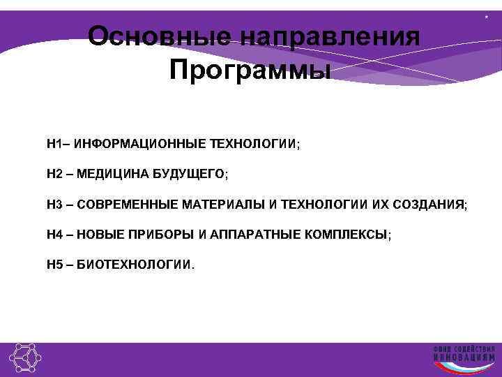  Основные направления Программы Н 1– ИНФОРМАЦИОННЫЕ ТЕХНОЛОГИИ; Н 2 – МЕДИЦИНА БУДУЩЕГО; Н