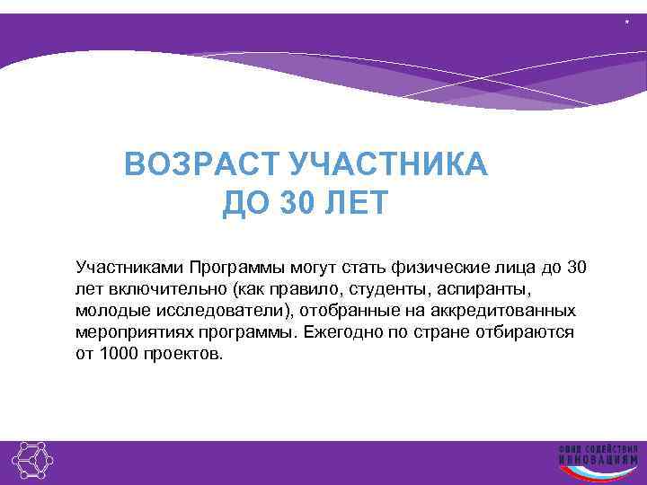 * ВОЗРАСТ УЧАСТНИКА ДО 30 ЛЕТ Участниками Программы могут стать физические лица до 30