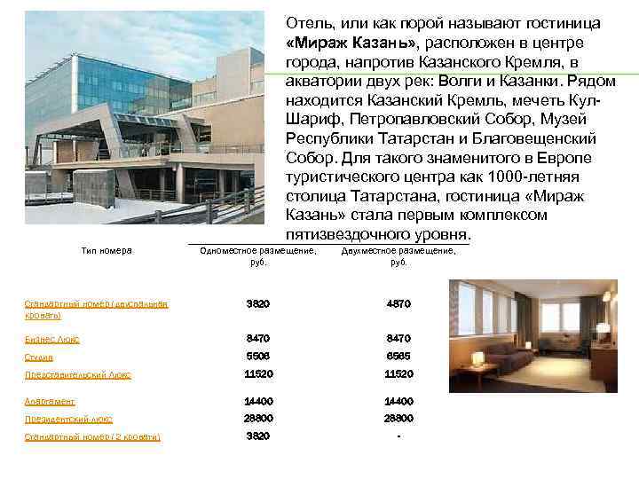 Отель, или как порой называют гостиница «Мираж Казань» , расположен в центре города, напротив