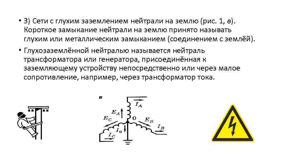 • 3) Сети с глухим заземлением нейтрали на землю (рис. 1, в). Короткое