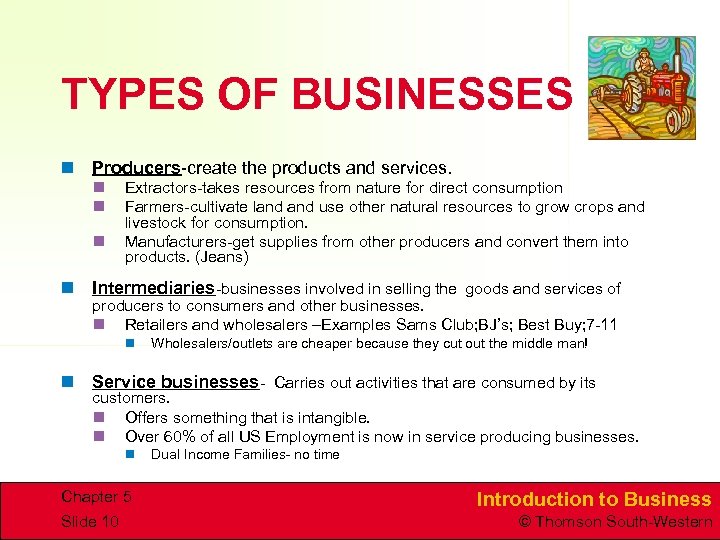 TYPES OF BUSINESSES n Producers-create the products and services. n n n Extractors-takes resources
