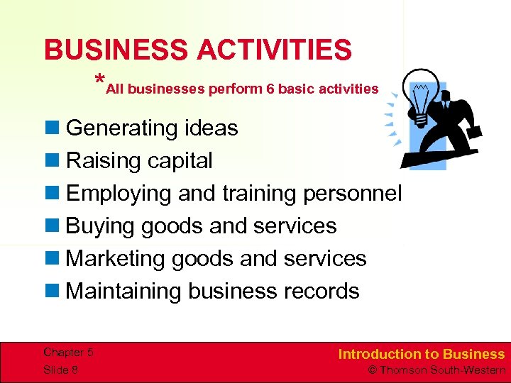 BUSINESS ACTIVITIES *All businesses perform 6 basic activities n Generating ideas n Raising capital