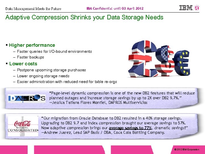 IBM Confidential until 03 April 2012 Adaptive Compression Shrinks your Data Storage Needs Higher