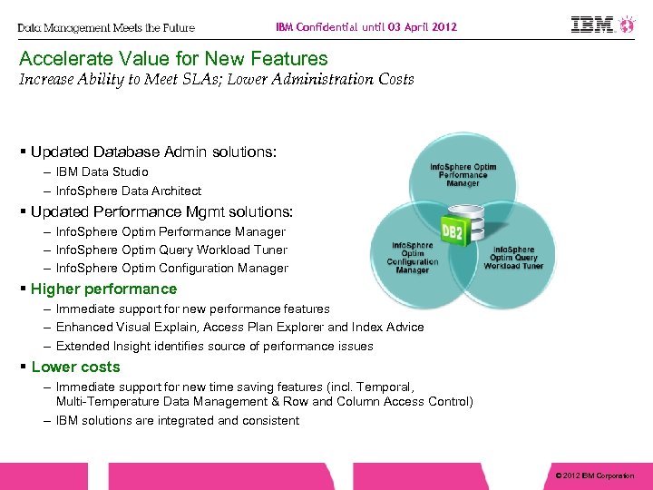 IBM Confidential until 03 April 2012 Accelerate Value for New Features Increase Ability to