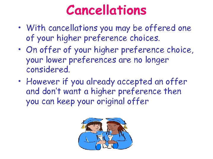 Cancellations • With cancellations you may be offered one of your higher preference choices.