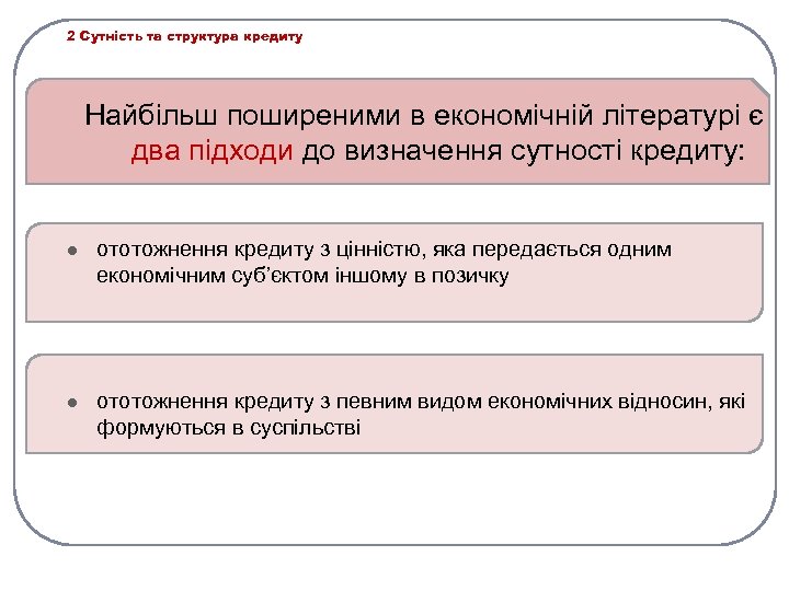 2 Сутність та структура кредиту Найбільш поширеними в економічній літературі є два підходи до