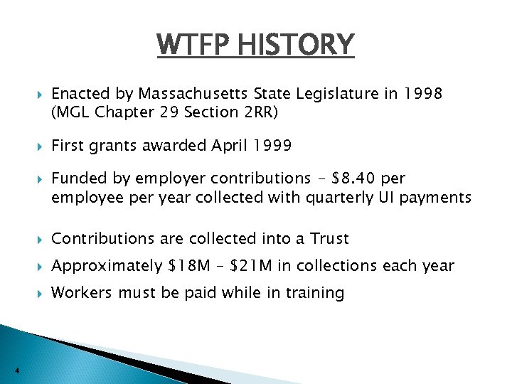 WTFP HISTORY Enacted by Massachusetts State Legislature in 1998 (MGL Chapter 29 Section 2