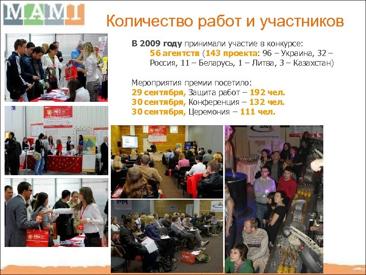 Количество работ и участников В 2009 году принимали участие в конкурсе: 56 агентств (143