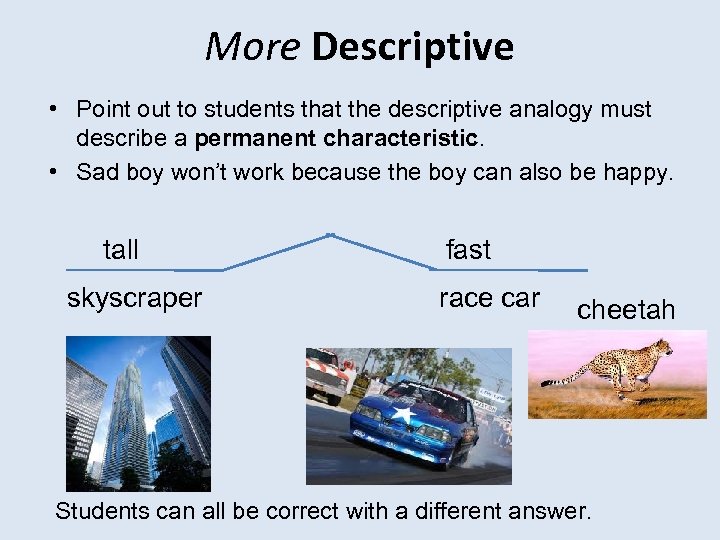 More Descriptive • Point out to students that the descriptive analogy must describe a