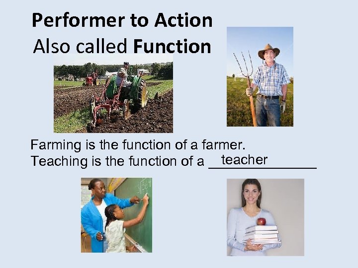 Performer to Action Also called Function Farming is the function of a farmer. teacher