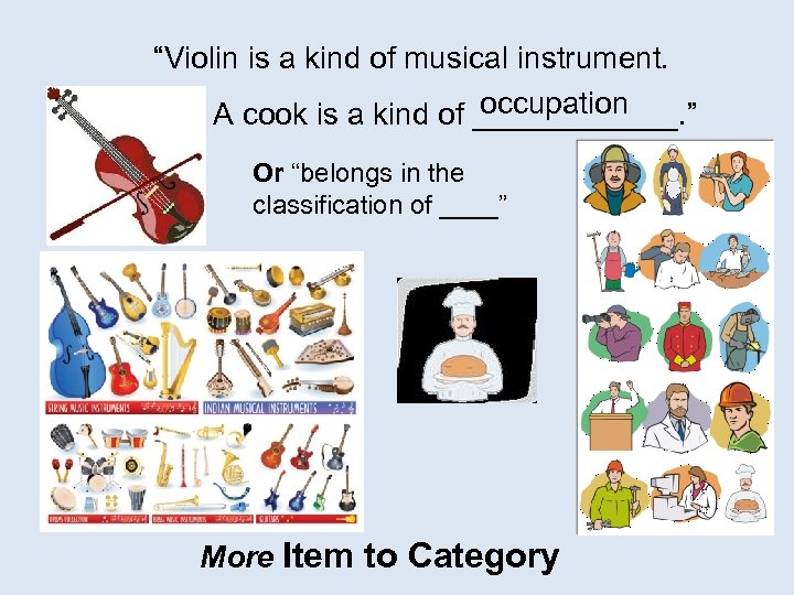 “Violin is a kind of musical instrument. occupation A cook is a kind of