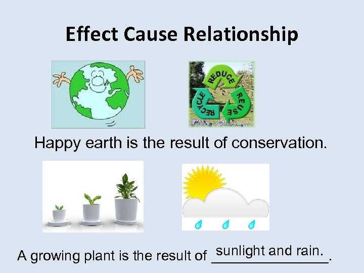 Effect Cause Relationship Happy earth is the result of conservation. sunlight and rain. A
