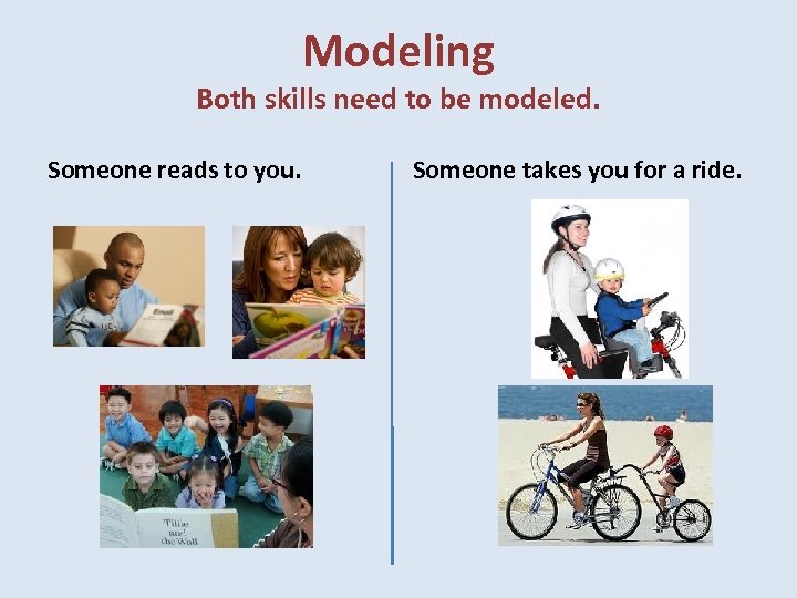 Modeling Both skills need to be modeled. Someone reads to you. Someone takes you
