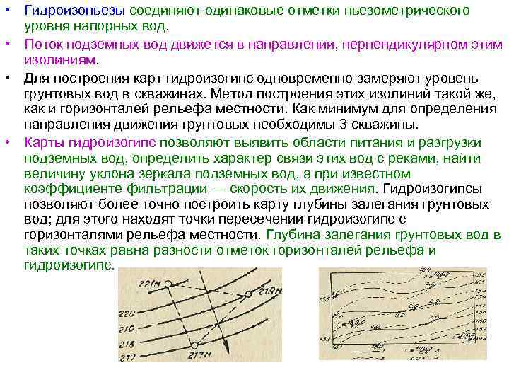  • Гидроизопьезы соединяют одинаковые отметки пьезометрического уровня напорных вод. • Поток подземных вод