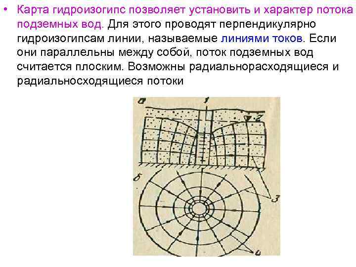  • Карта гидроизогипс позволяет установить и характер потока подземных вод. Для этого проводят