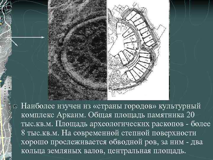 Наиболее изучен из «страны городов» культурный комплекс Аркаим. Общая площадь памятника 20 тыс. кв.