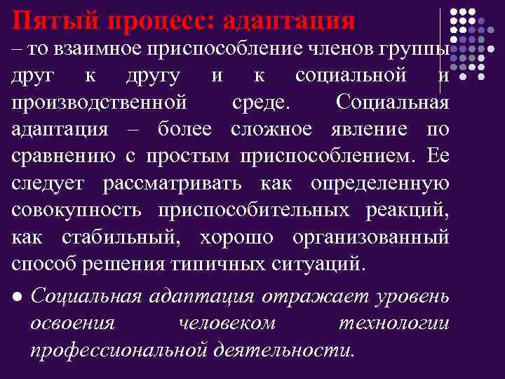 Пятый процесс: адаптация – то взаимное приспособление членов группы друг к другу и к