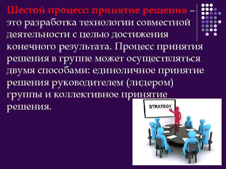 Шестой процесс: принятие решения – это разработка технологии совместной деятельности с целью достижения конечного