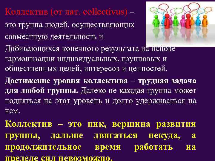 Коллектив (от лат. collectivus) – это группа людей, осуществляющих совместную деятельность и Добивающихся конечного