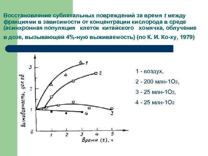 Восстановление сублетальных повреждений за время t между фракциями в зависимости от концентрации кислорода в