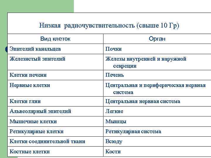 Низкая радиочувствительность (свыше 10 Гр) Вид клеток Орган Эпителий канальцев Почки Железистый эпителий Железы