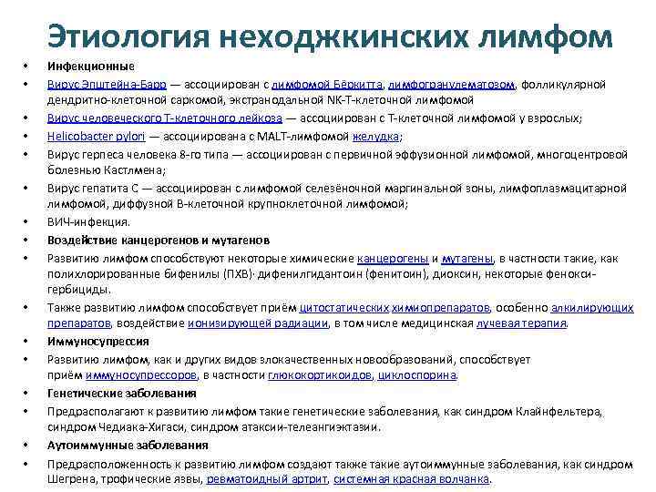 Этиология неходжкинских лимфом • • • • Инфекционные Вирус Эпштейна-Барр — ассоциирован с лимфомой