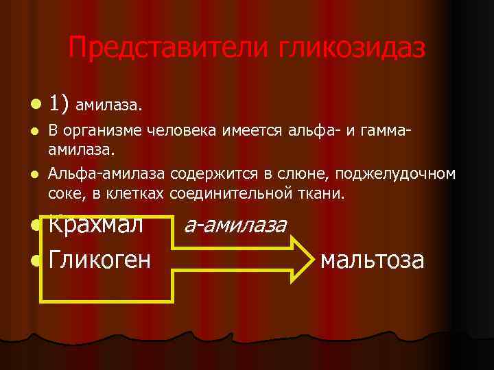 Представители гликозидаз l 1) амилаза. В организме человека имеется альфа и гамма амилаза. l