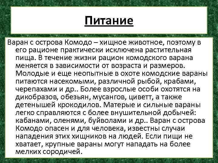 Питание Варан с острова Комодо – хищное животное, поэтому в его рационе практически исключена