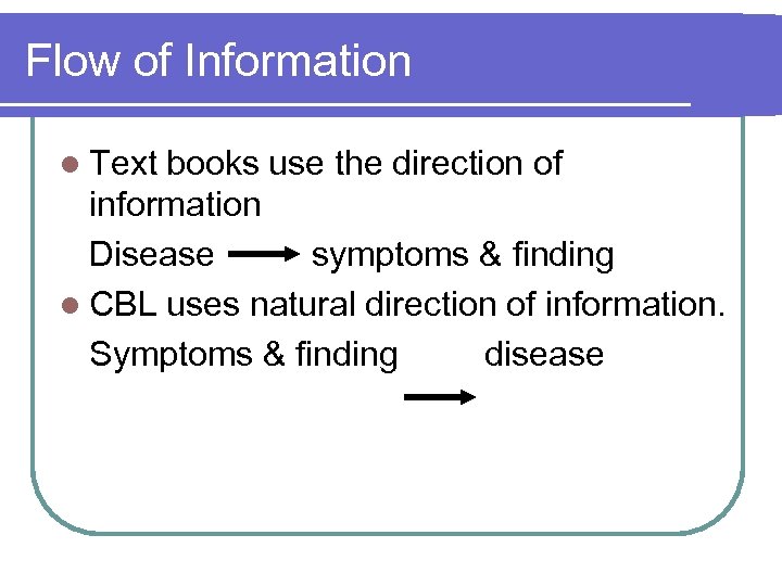Flow of Information l Text books use the direction of information Disease symptoms &
