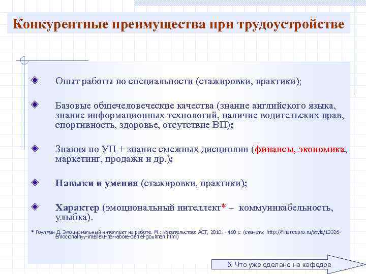 Конкурентные преимущества при трудоустройстве Опыт работы по специальности (стажировки, практики); Базовые общечеловеческие качества (знание