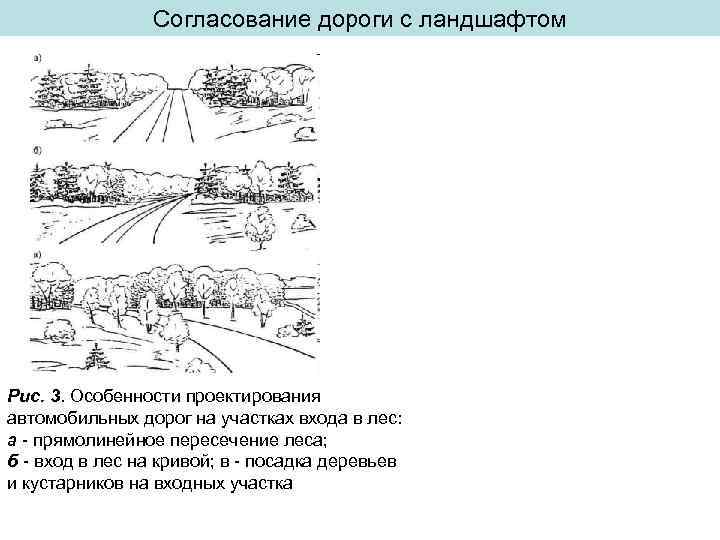 Согласование дороги с ландшафтом Рис. 3. Особенности проектирования автомобильных дорог на участках входа в