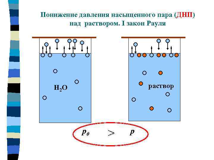 Понижение давления насыщенного пара (ДНП) над раствором. I закон Рауля раствор Н 2 О