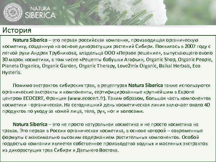 История Natura Siberica – это первая российская компания, производящая органическую косметику, созданную на основе