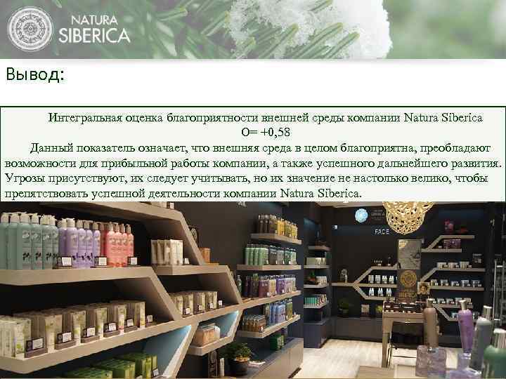 Вывод: Интегральная оценка благоприятности внешней среды компании Natura Siberica O= +0, 58 Данный показатель