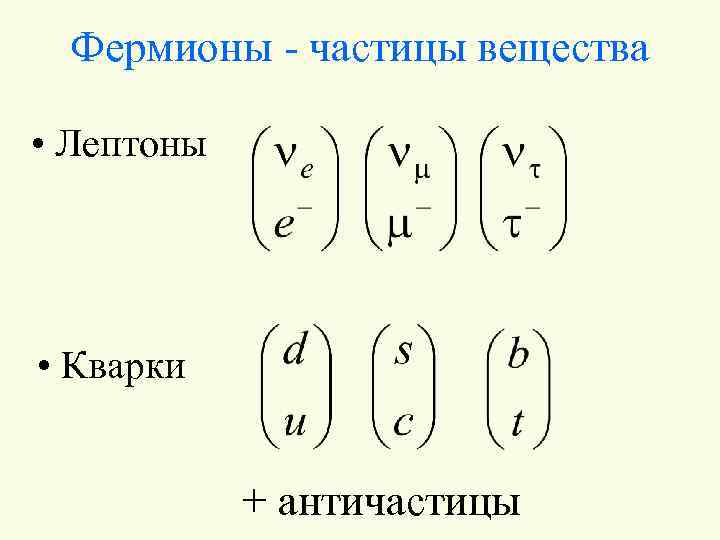 Фермионы - частицы вещества • Лептоны • Кварки + античастицы 