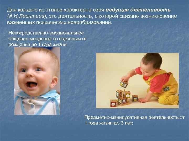 Для каждого из этапов характерна своя ведущая деятельность (А. Н. Леонтьев), это деятельность, с