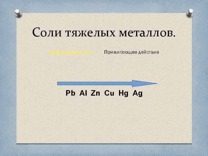 Соли тяжелых металлов. Вяжущее действие Прижигающее действие Pb Al Zn Cu Hg Ag 
