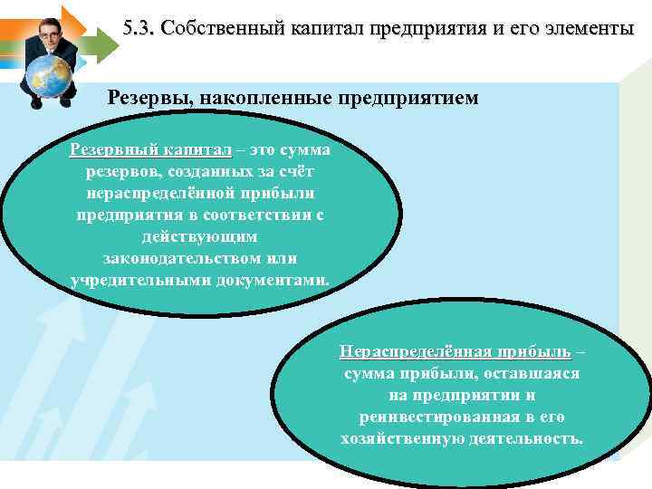 5. 3. Собственный капитал предприятия и его элементы Резервы, накопленные предприятием Резервный капитал –