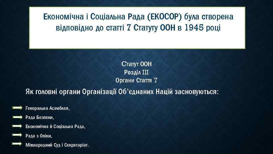 Економічна і Соціальна Рада (ЕКОСОР) була створена відповідно до статті 7 Статуту ООН в