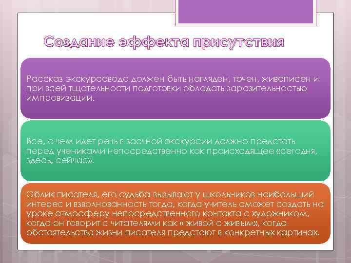 Создание эффекта присутствия Рассказ экскурсовода должен быть нагляден, точен, живописен и при всей тщательности