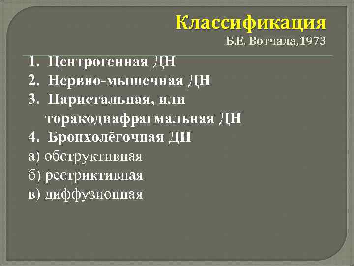 Классификация Б. Е. Вотчала, 1973 1. Центрогенная ДН 2. Нервно-мышечная ДН 3. Париетальная, или