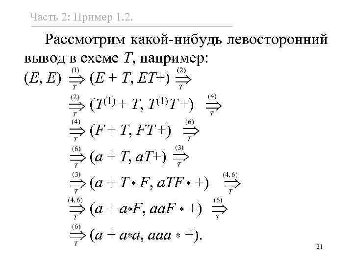 Часть 2: Пример 1. 2. Рассмотрим какой-нибудь левосторонний вывод в схеме T, например: (E,