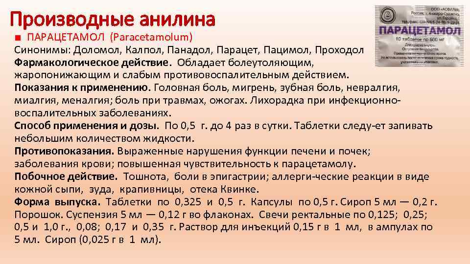 Производные анилина ■ ПАРАЦЕТАМОЛ (Paracetamolum) Синонимы: Доломол, Калпол, Панадол, Парацет, Пацимол, Проходол Фармакологическое действие.