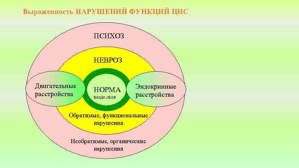 Выраженность НАРУШЕНИЙ ФУНКЦИЙ ЦНС ПСИХОЗ НЕВРОЗ Двигательные расстройства НОРМА везде своя Эндокринные расстройства Обратимые,