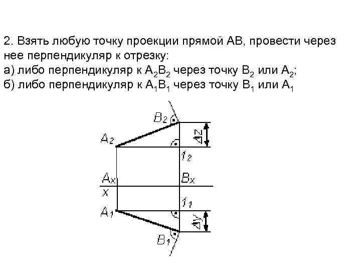 2. Взять любую точку проекции прямой АВ, провести через нее перпендикуляр к отрезку: а)