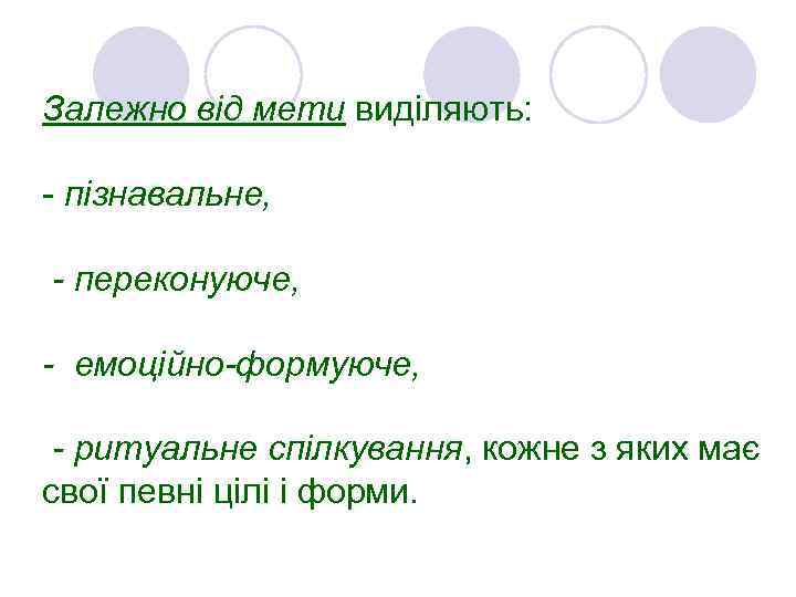 Залежно від мети виділяють: - пізнавальне, - переконуюче, - емоційно-формуюче, - ритуальне спілкування, кожне