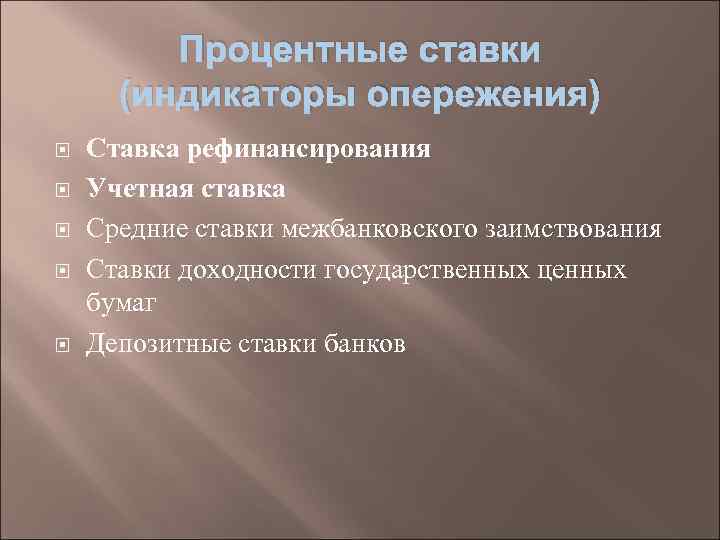 Процентные ставки (индикаторы опережения) Ставка рефинансирования Учетная ставка Средние ставки межбанковского заимствования Ставки доходности