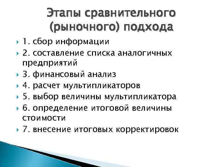 Этапы сравнительного (рыночного) подхода 1. сбор информации 2. составление списка аналогичных предприятий 3. финансовый